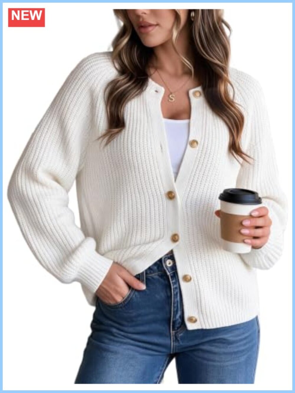 Chunky Knit Lantern Long Sleeve Fitted Cardigan Sweater